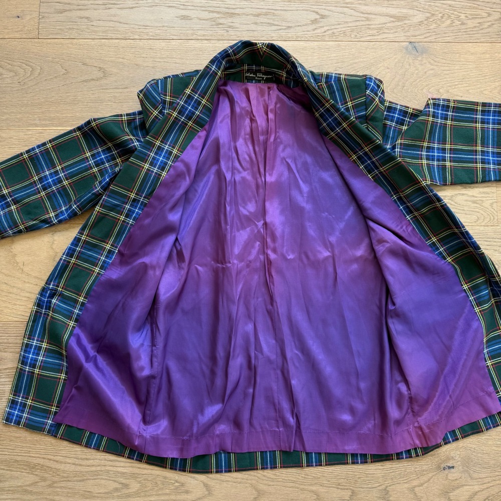 Salvatore Ferragamo Green Tartan Plaid Blazer Made in Italy Purple Lining Womens - Picture 10 of 10